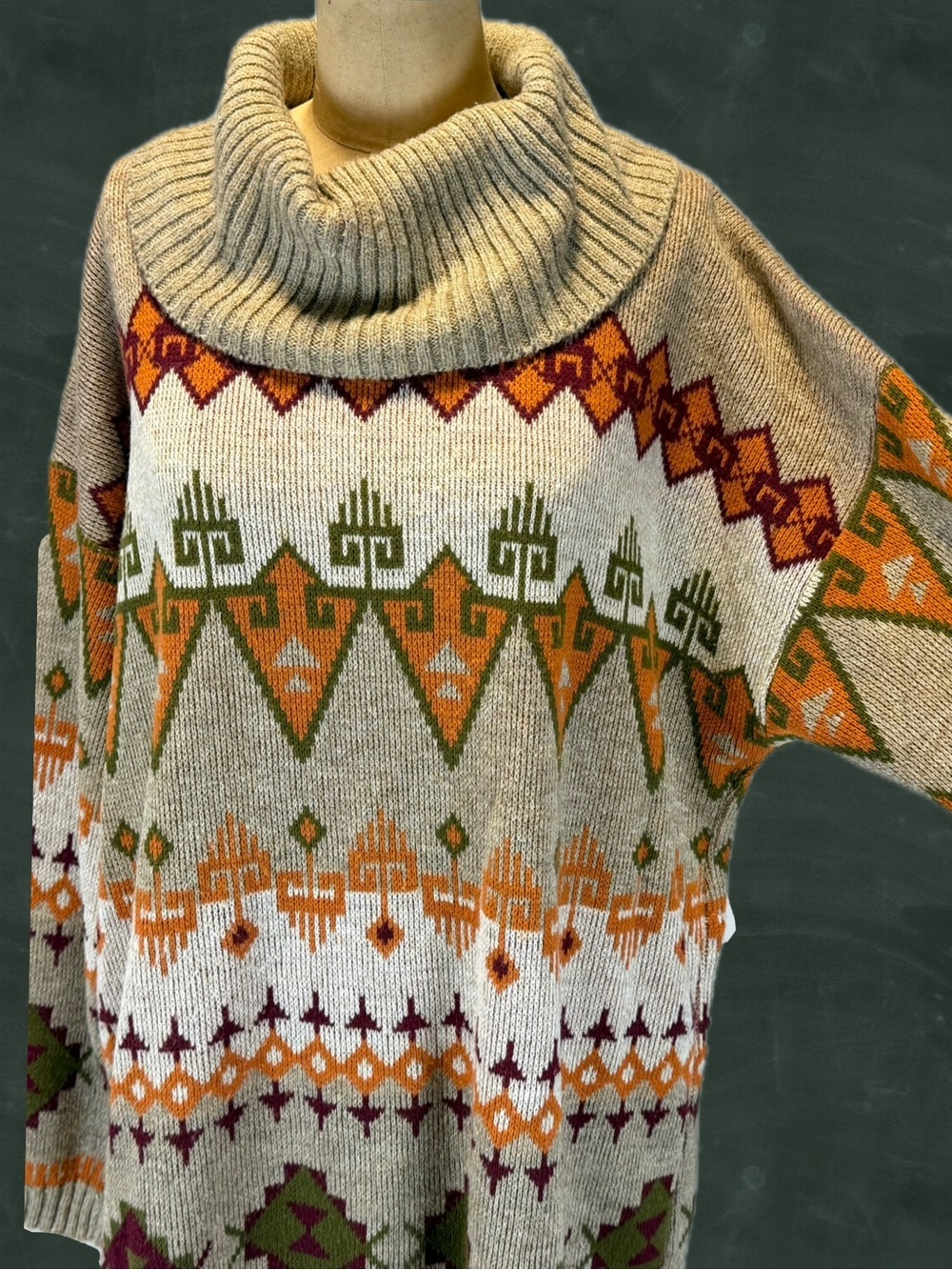 VINTAGE Aztec earthy tribal art knit sweater oversized tunic loose cowl neck 80s